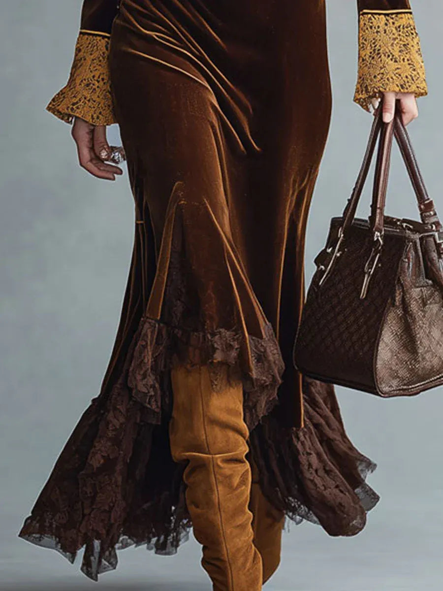 ISA║Vestido de cola de pez de terciopelo marrón y encaje retro de moda