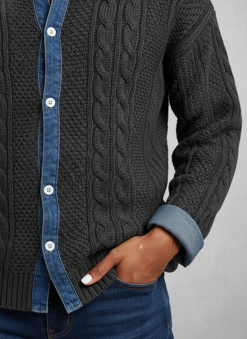 AMBRA™║Maglione in maglia patchwork con dettagli in denim