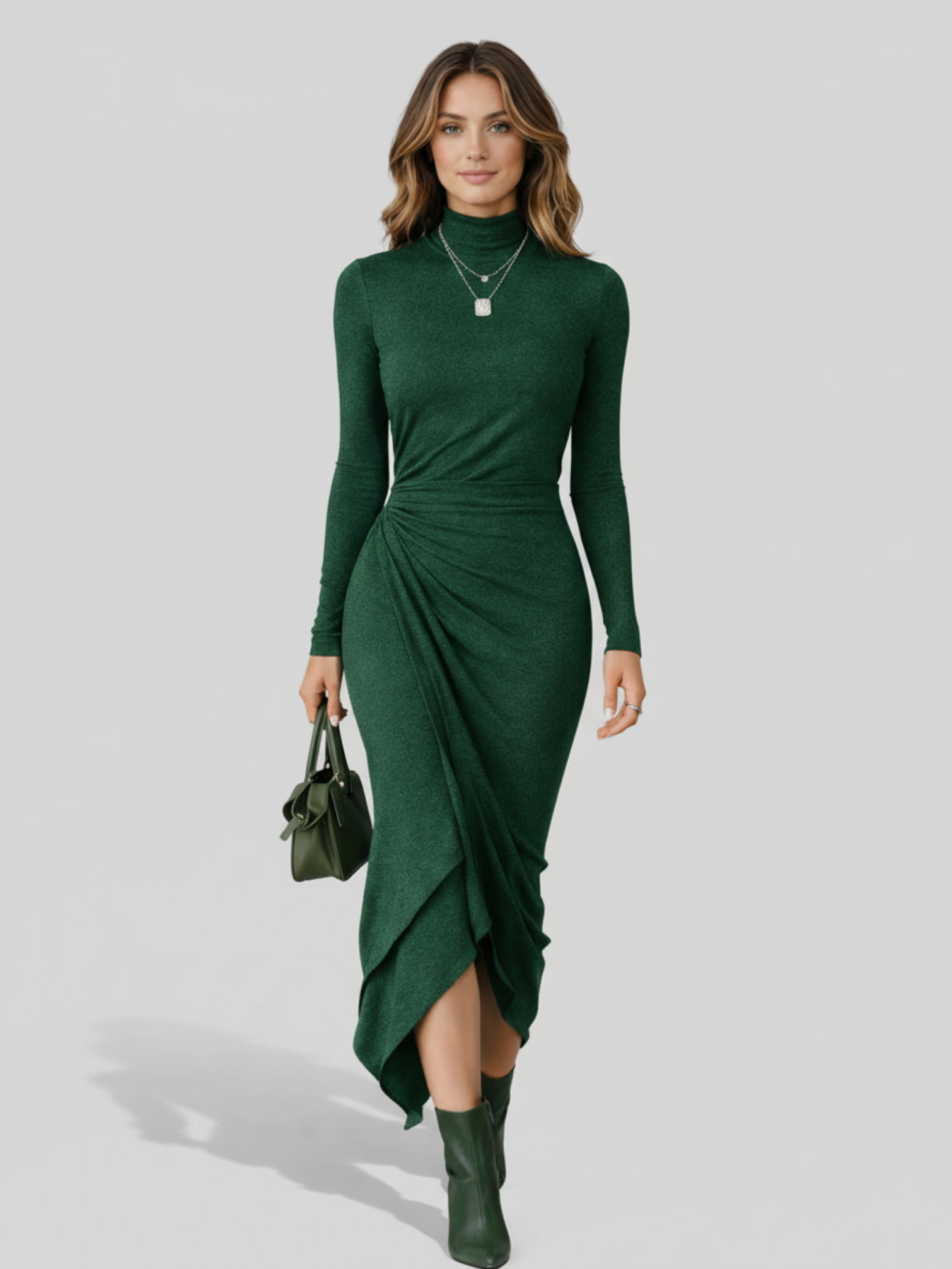 dark green asymmetrical dress Dynasty | Dark Green Asymmetric-Neck Maxi Dress With Ruched Detailing And Front High-Split