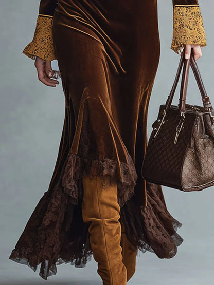 ISA║Vestido de cola de pez de terciopelo marrón y encaje retro de moda