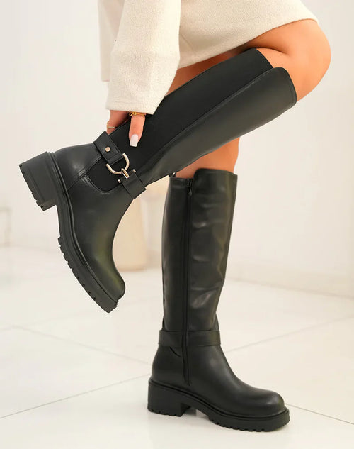 Botas altas negras con banda elástica y detalle dorado