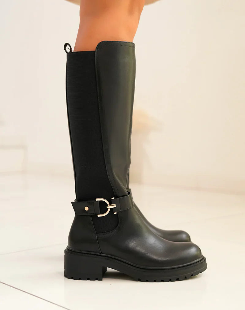 Botas altas negras con banda elástica y detalle dorado