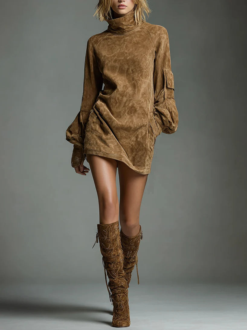 LIVIA║Miniabito oversize in camoscio con collo alto