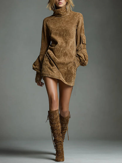 LIVIA║Miniabito oversize in camoscio con collo alto