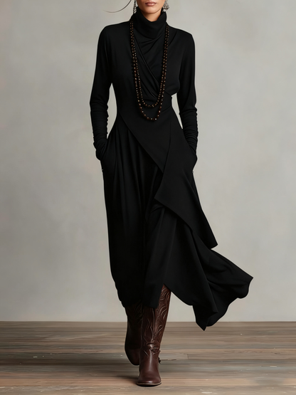 AURELIA™║Vestido largo plisado asimétrico con cuello alto