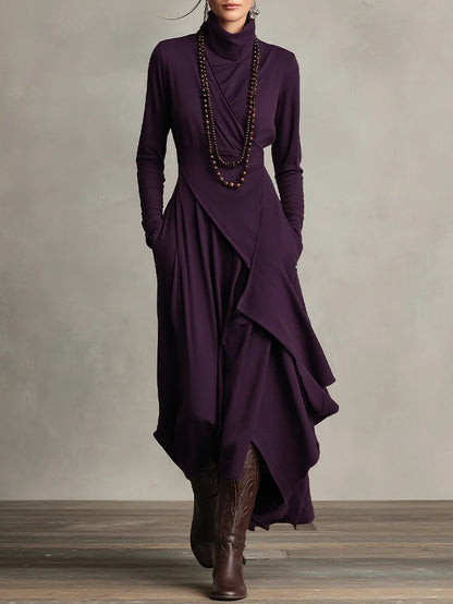 AURELIA™║Vestido largo plisado asimétrico con cuello alto
