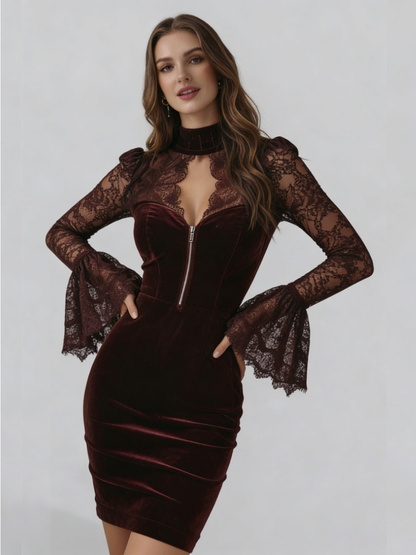 NÚRIA™║Vestido mini ajustado de terciopelo y encaje en color burdeos