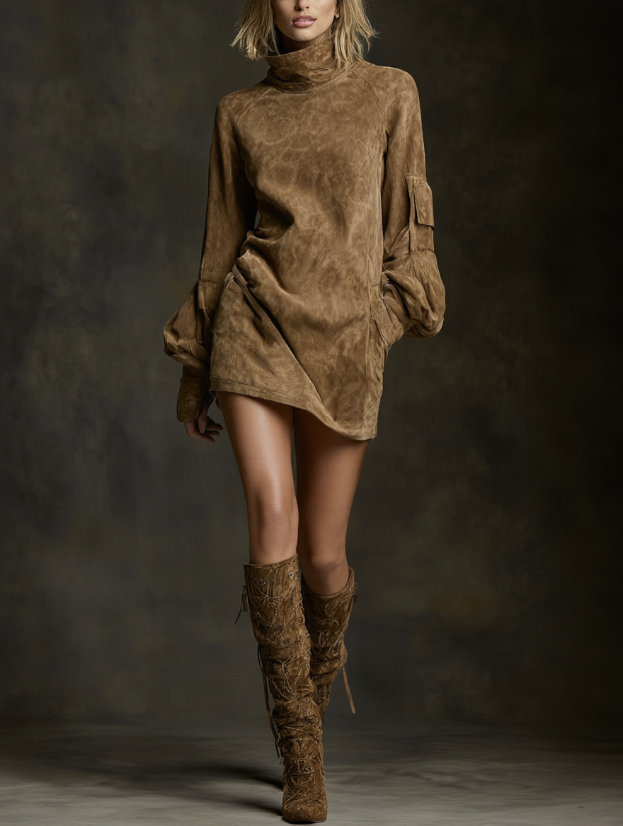 LIVIA║Miniabito oversize in camoscio con collo alto